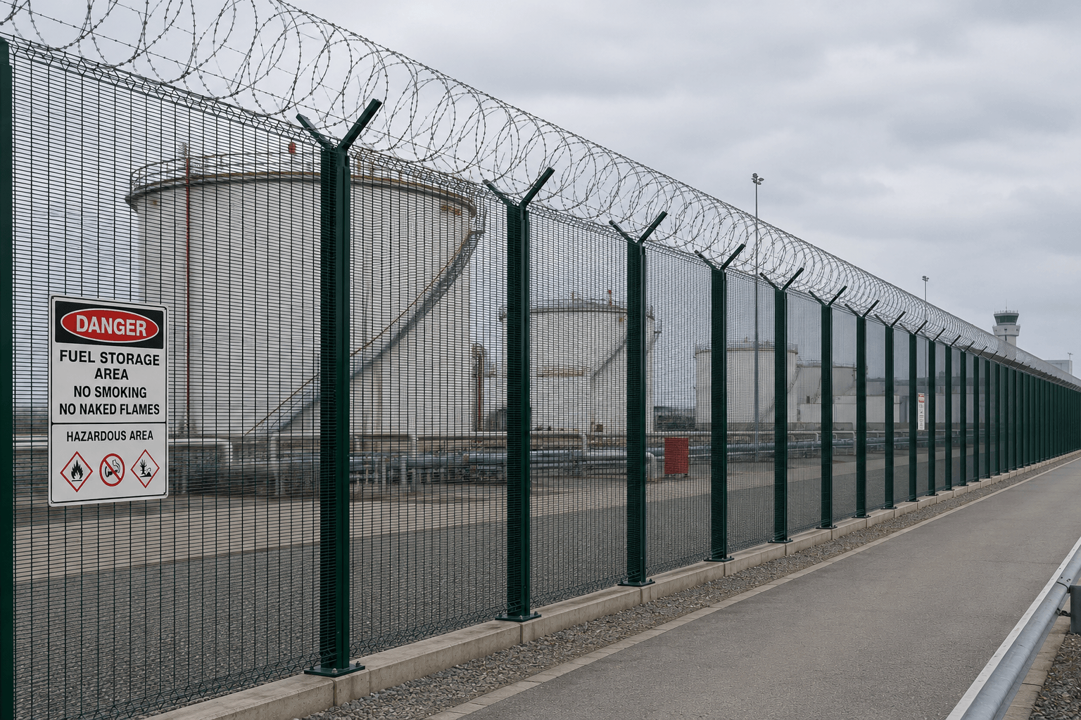 358 anti-climb mesh fence with razor wire topping surrounding an airport fuel farm, showing fuel storage tanks behind the high-security perimeter