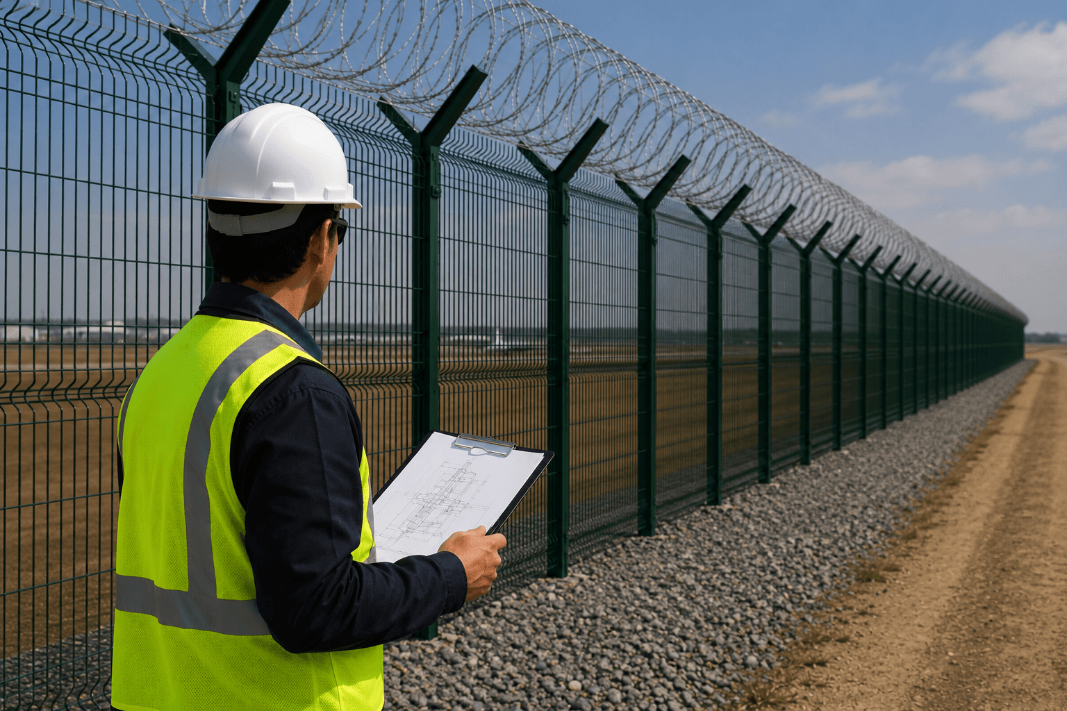 Security engineer in high-visibility vest and safety helmet reviewing technical drawings at airport perimeter fence during site inspection