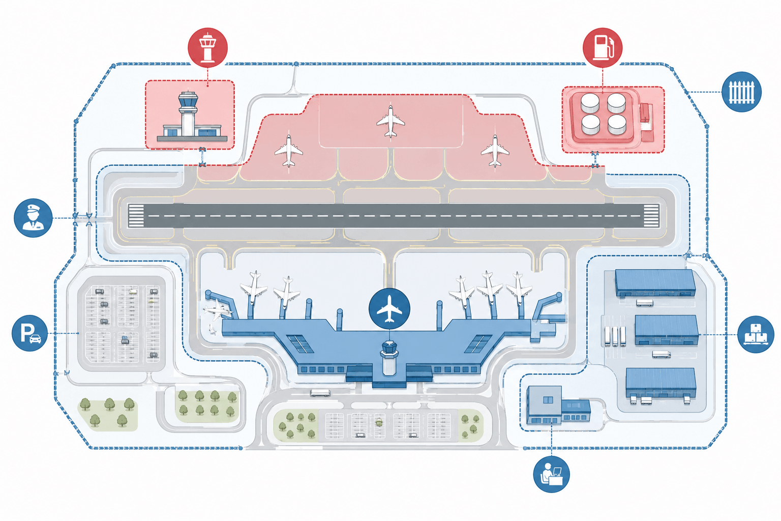 Top-down airport zone map showing color-coded perimeter areas blue for standard operational zones, red for high-security critical zones including fuel farm and ATC compound